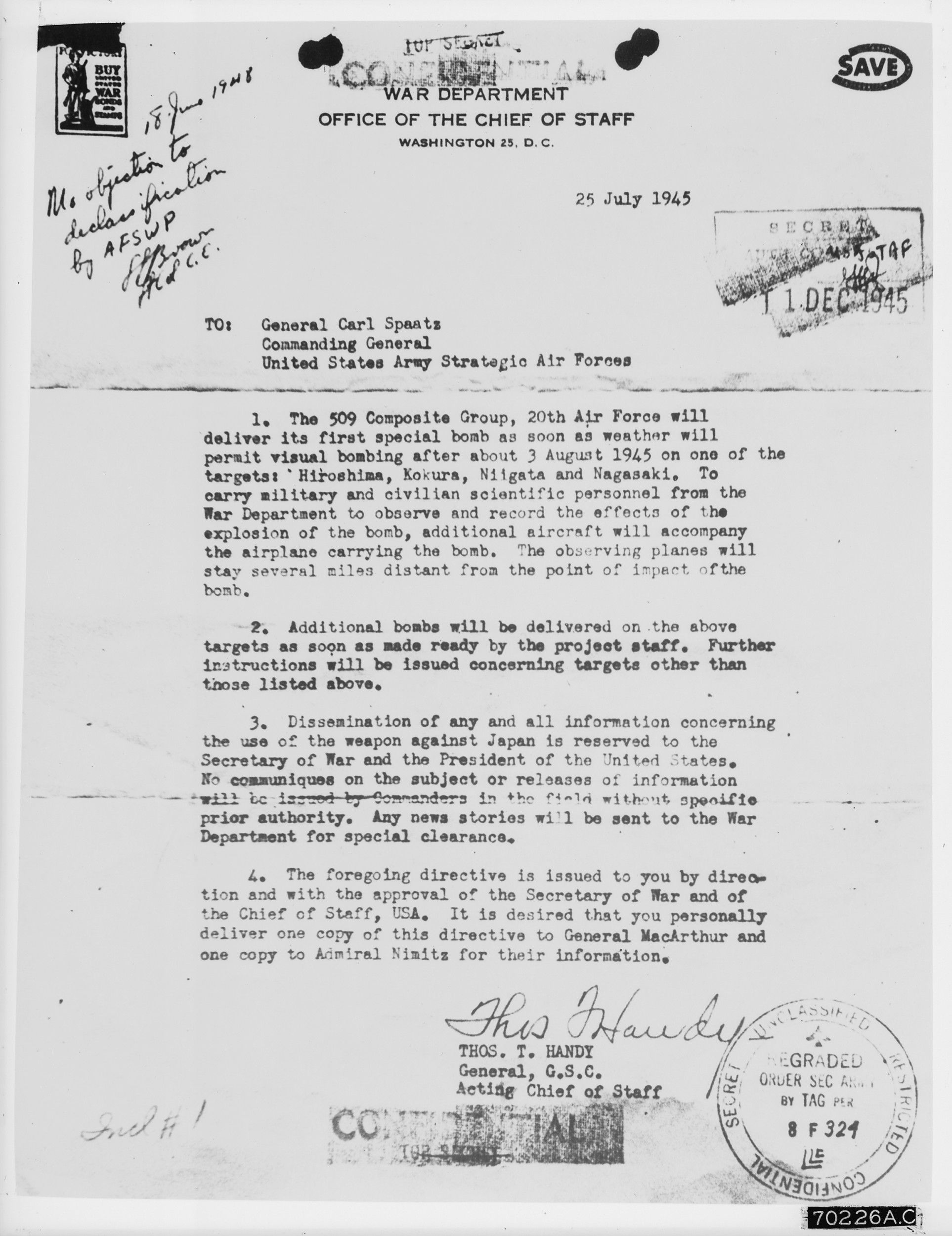 General Handy's Bombing Order