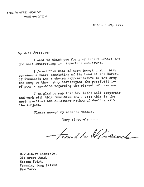 President Roosevelt's response to Dr. Einstein